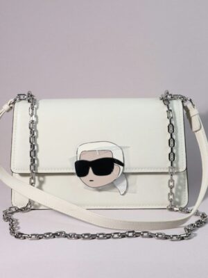 A white karl lagerfeld handbag is shown.